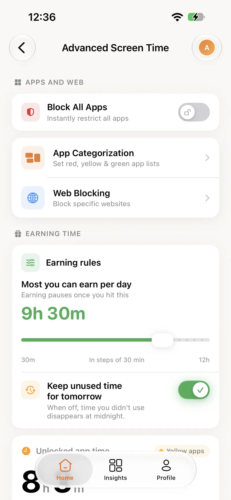 The Advanced Screen Time screen in the BeeBright app