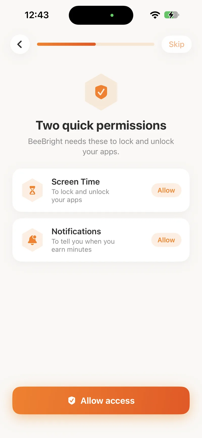The Screen Time and notification permission screen