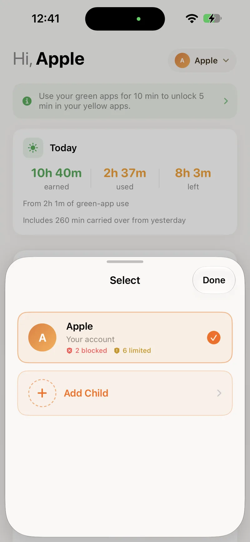 The child selector in the BeeBright app